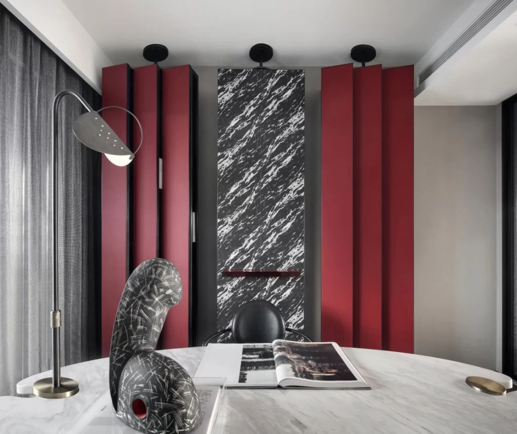 Contemporary Office Red Black White Marble Accents