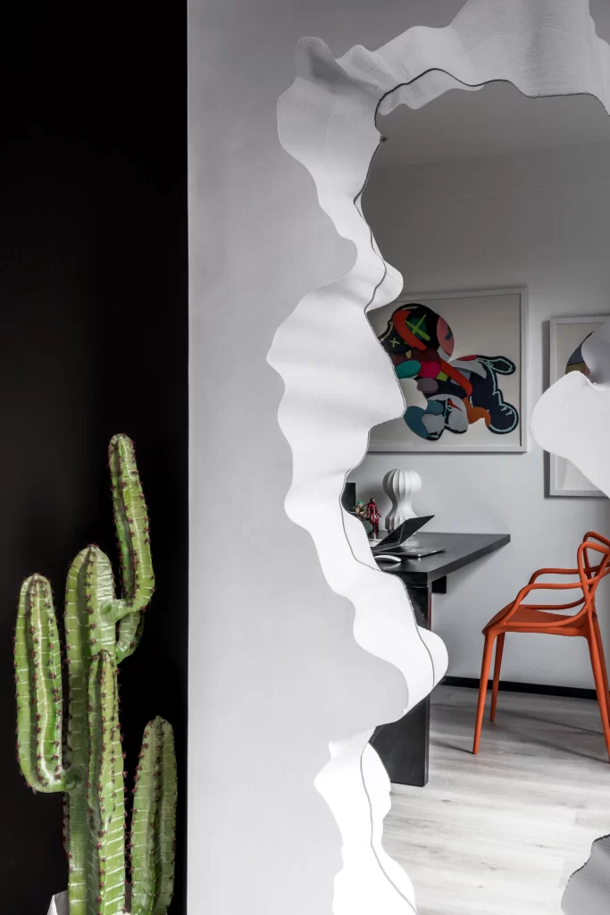 Contemporary Office Space Black White Cactus Abstract Art Orange Chair