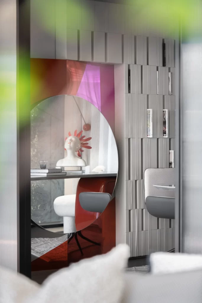 Contemporary Office Space Neutral Tones Geometric Patterns Sleek Furniture