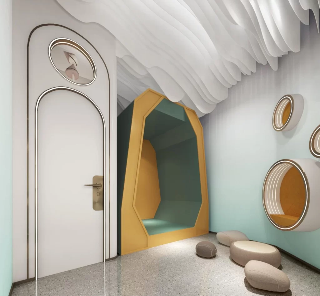 Contemporary Playful Children’s Room Soft Pastel Colors Geometric Shapes Rounded Edges
