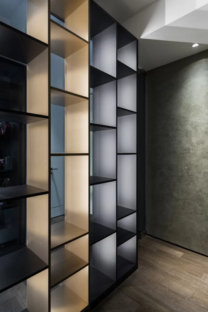 Contemporary Shelving Unit Dark Wood Neutral Tones Backlit Shelves