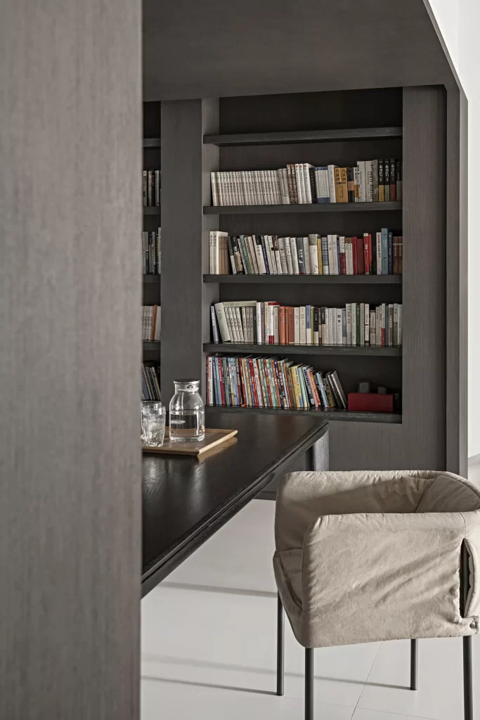Contemporary Study Dark Wood Neutral Tones Bookshelf Minimalist