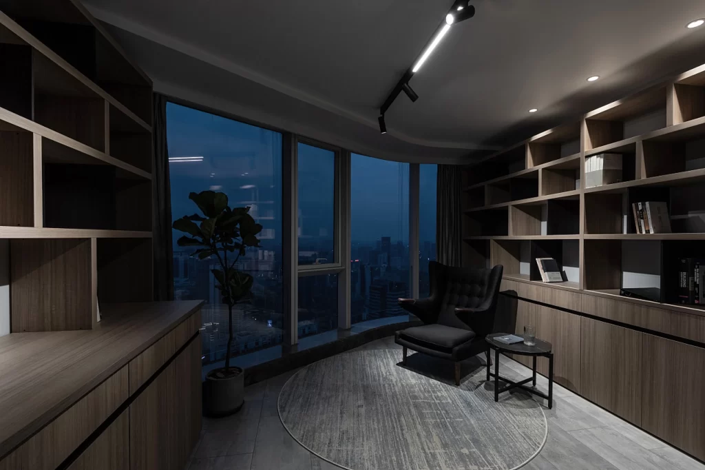 Contemporary Study Dark Wood Neutral Tones Track Lighting Large Windows