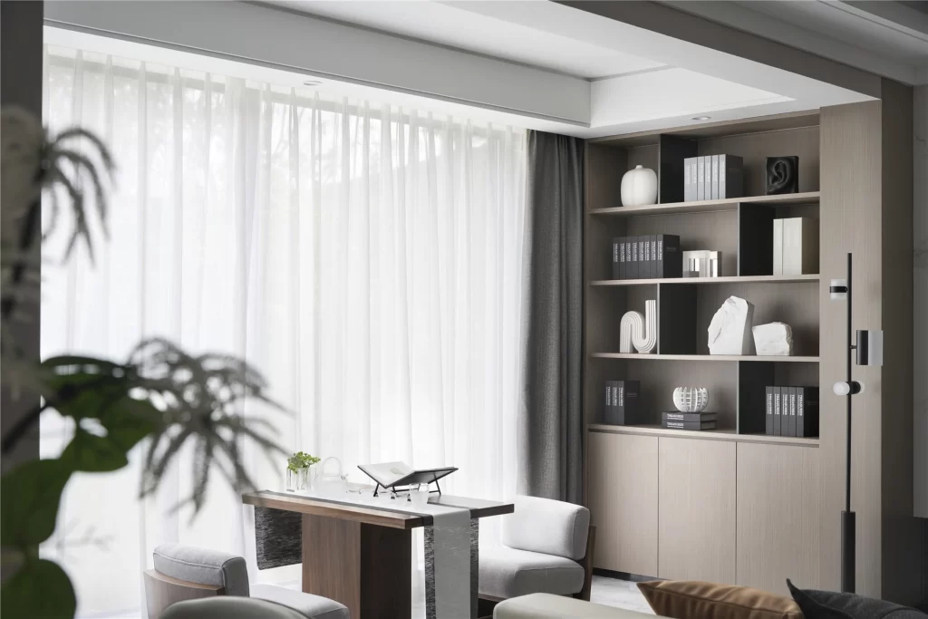 Contemporary Study Neutral Tones Light Wood Shelving Minimalist