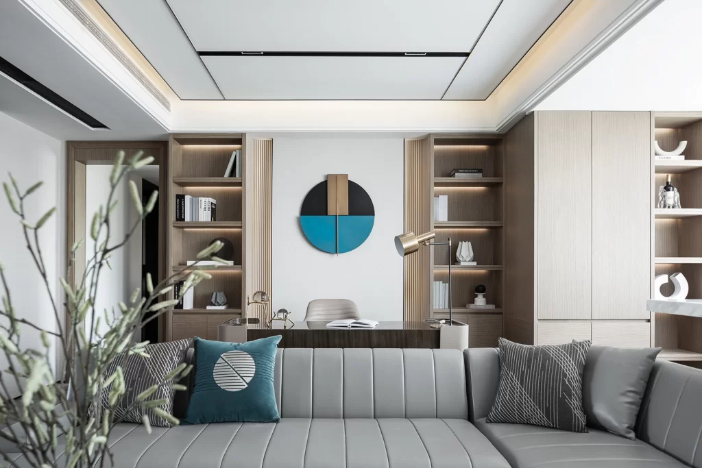 Contemporary Study Neutral Tones Wood Accents Geometric Artistic