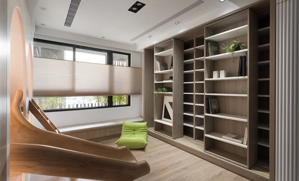 Contemporary Study Room Neutral Tones Light Wood Open Shelving Green Accents