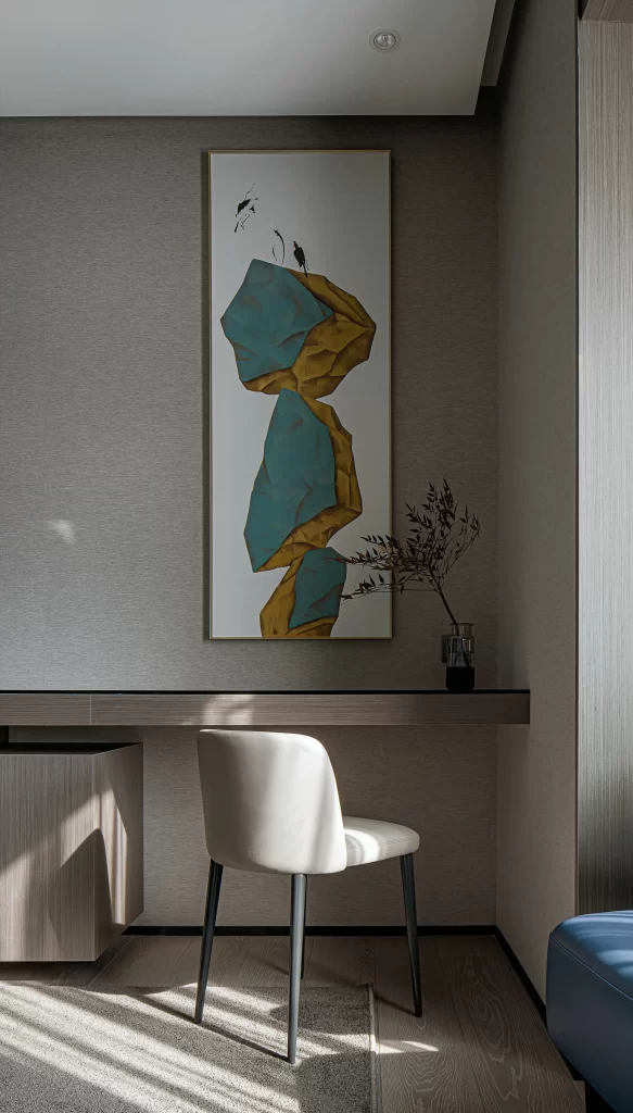 Contemporary Study Room Neutral Tones Minimalist Artistic Accents