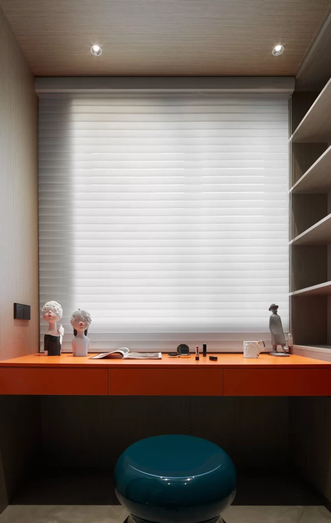 Contemporary Study Room Orange White Neutral Wood