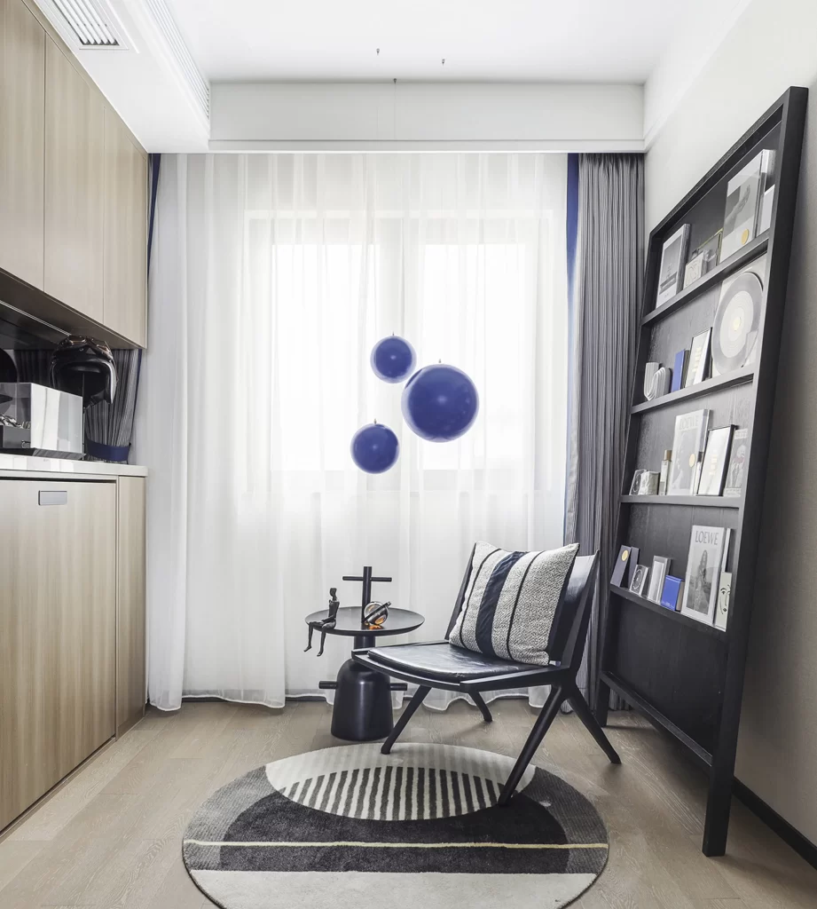 Contemporary Study Room White Black Blue Geometric Patterns