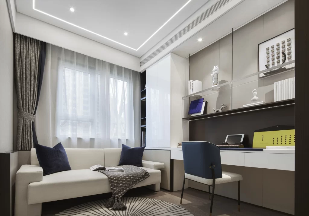 Contemporary Study Room White Blue Gray Neutral Tiled Floor