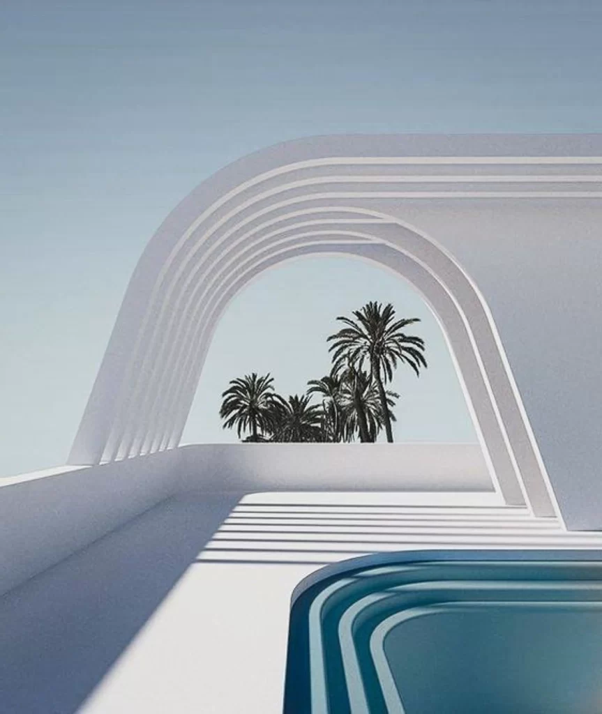Contemporary Tropical Poolside White Blue Palm Trees