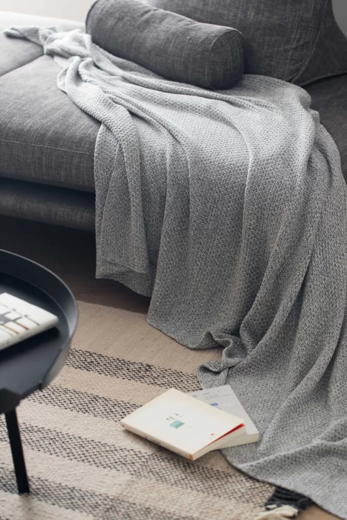 Cozy Comfortable Sofa Grey Textured Blanket Neutral Tones Books