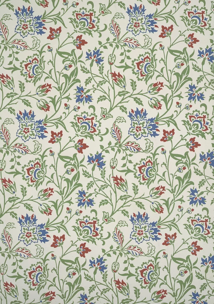 Crimson and Blue Floral Vine Sage Green Foliage Vintage William Morris