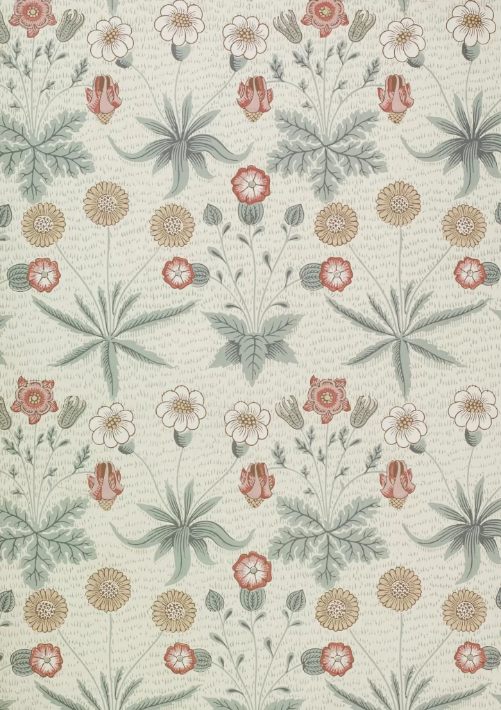 Crimson and White Anemone Vine Sage Green Foliage Vintage William Morris