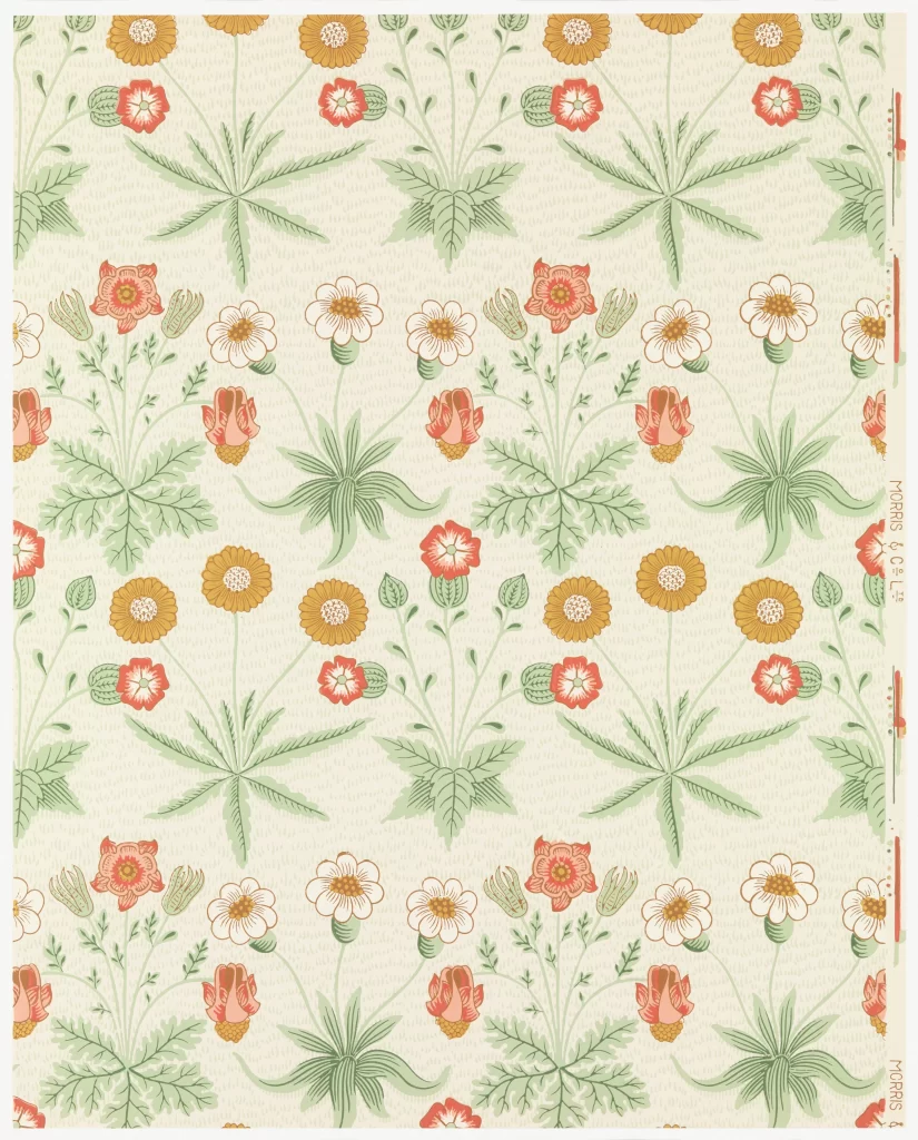 Crimson Anemone Vine Sage Green Leaves Vintage William Morris