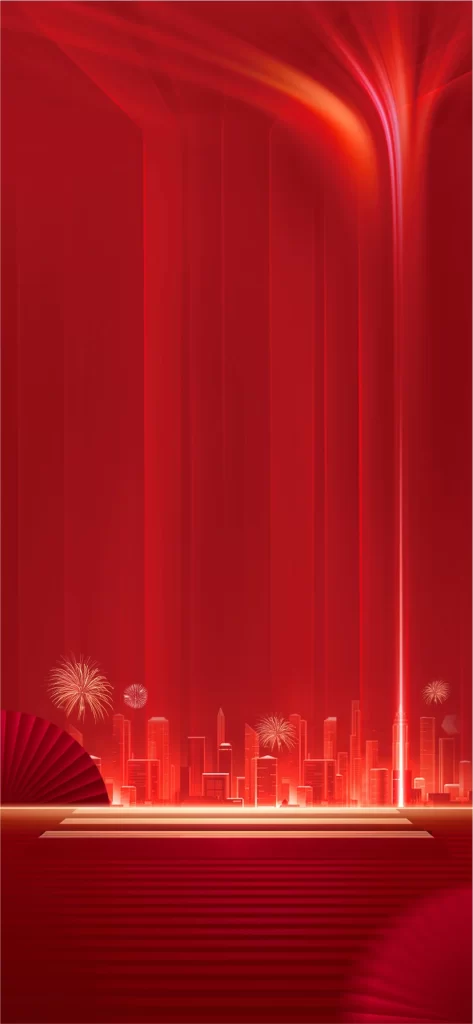Crimson Cityscape with Fireworks and Fan