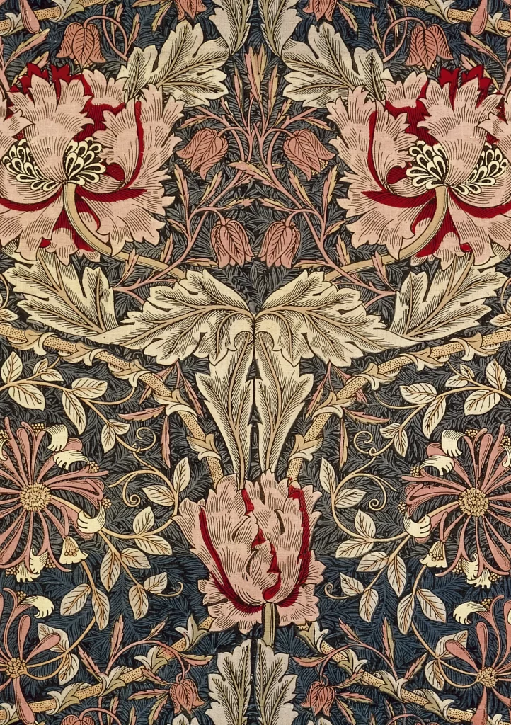 Crimson Peony Vine Navy Blue Background Morris Style