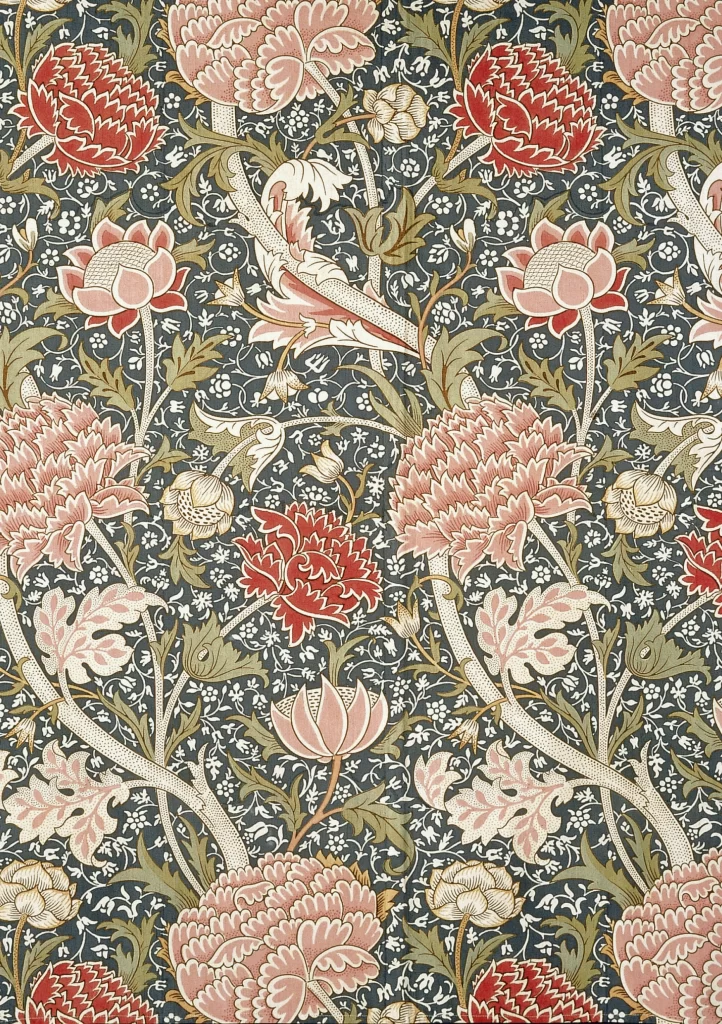 Crimson Peony Vine Sage Green Leaves Vintage William Morris