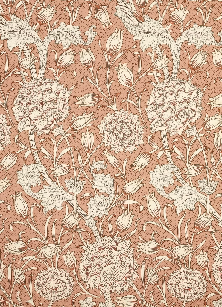 Crimson Peony Vine Terracotta Background William Morris
