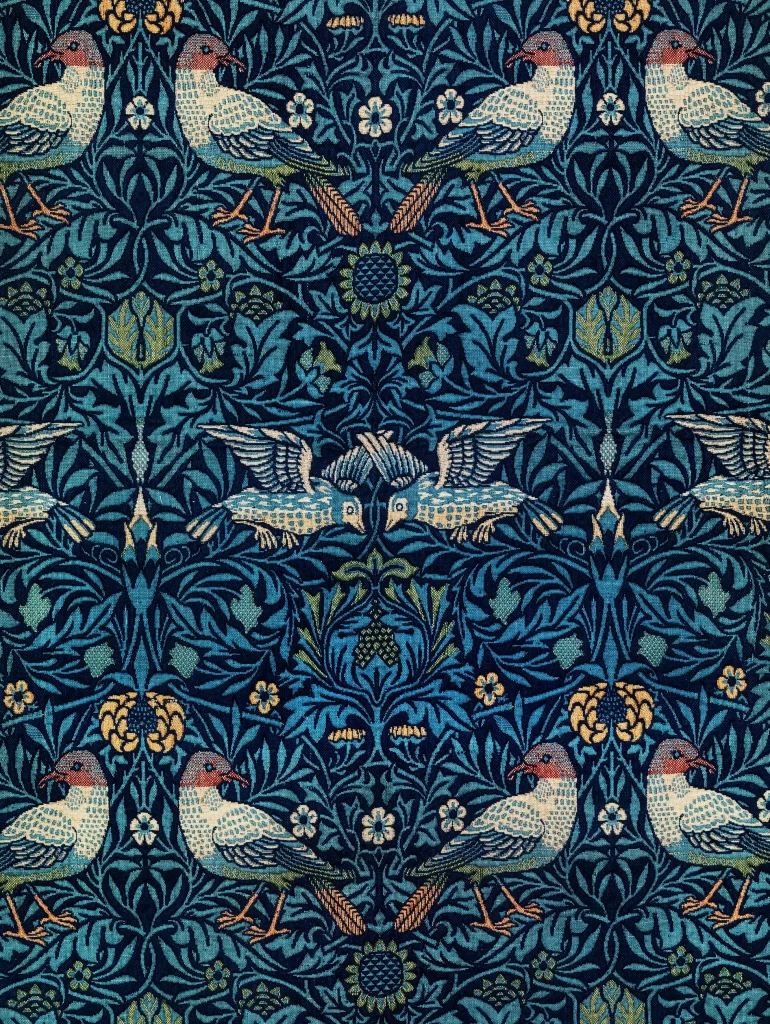 Blue and Gold Floral Vine Pattern with Birds William Morris