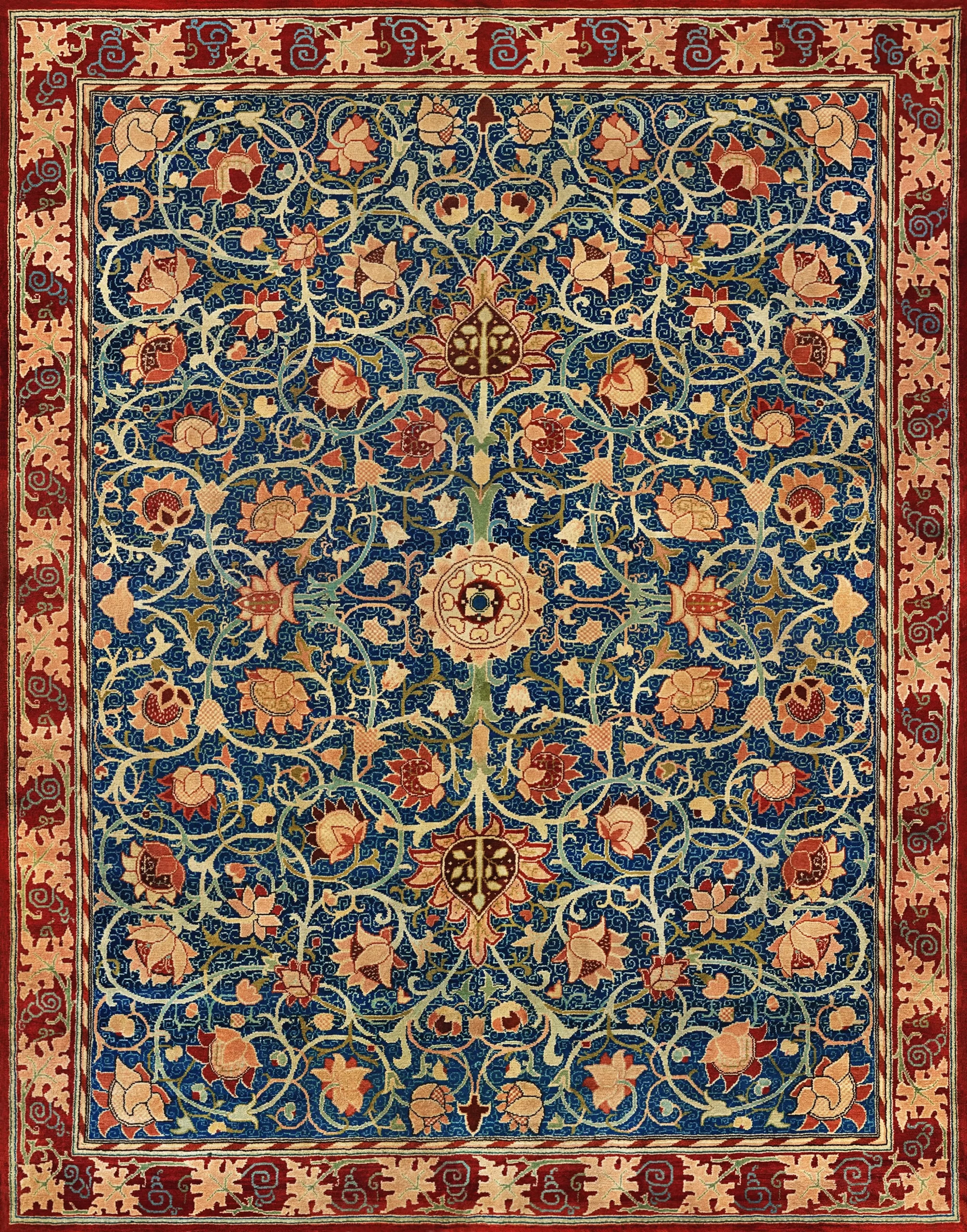 Crimson rose vine on navy blue background William Morris pattern