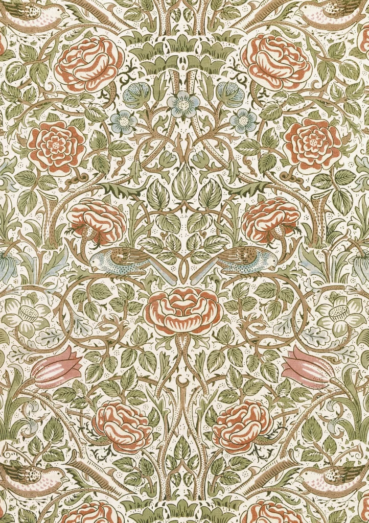 Crimson Rose Vine Sage Green Leaves Vintage William Morris