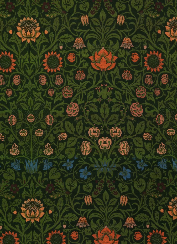 Crimson Rose Vine Sage Green Leaves William Morris