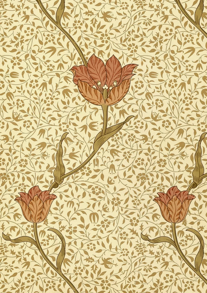 Crimson Tulip Vine Cream Background Botanical Wallpaper