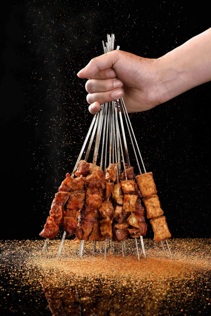 Crispy Pork Skewers Golden Brown Charred Spices