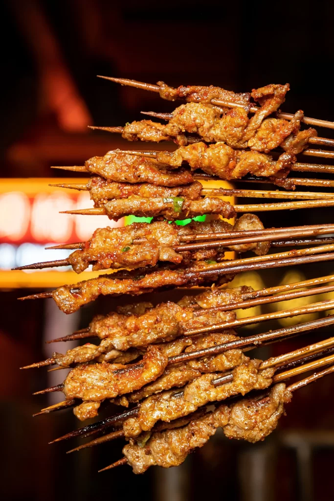 Crispy Pork Skewers Spicy Marinade Golden Brown Close Up