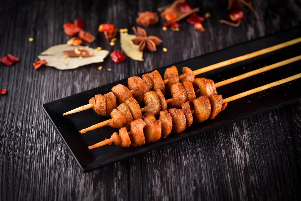 Crispy Pork Skewers Spicy Seasoning Golden Brown Plate