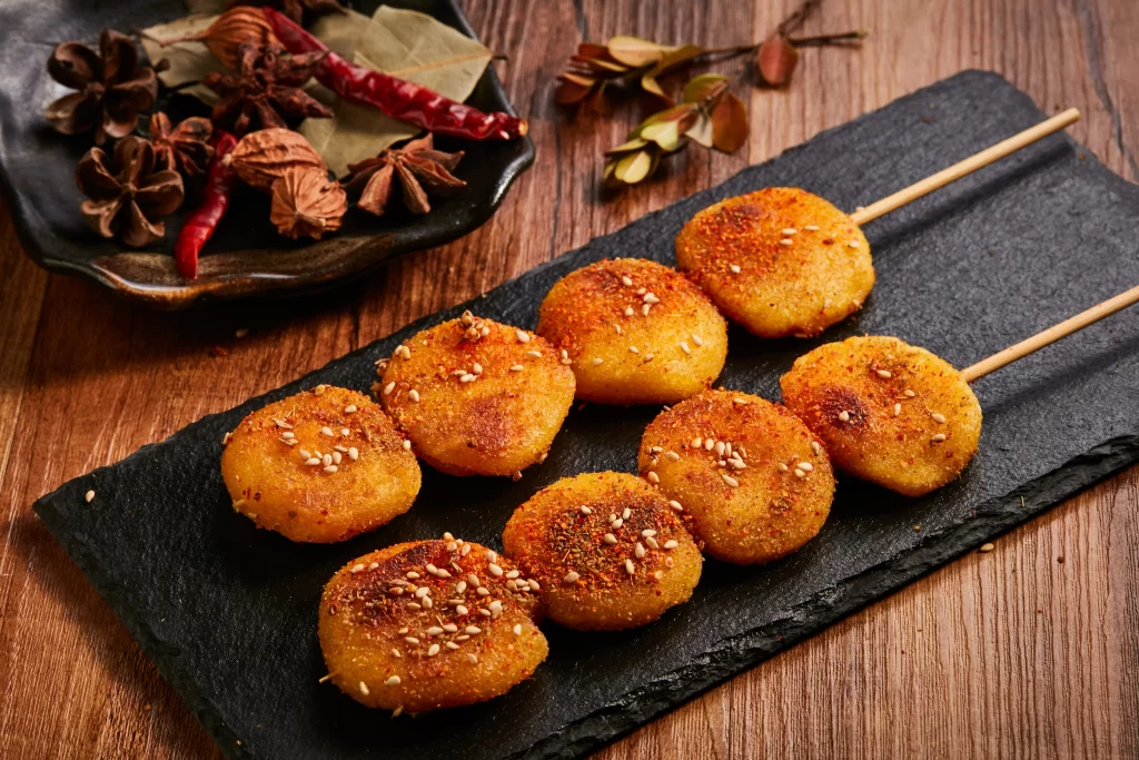 Crispy Potato Skewers Sesame Seeds Spices Black Slate