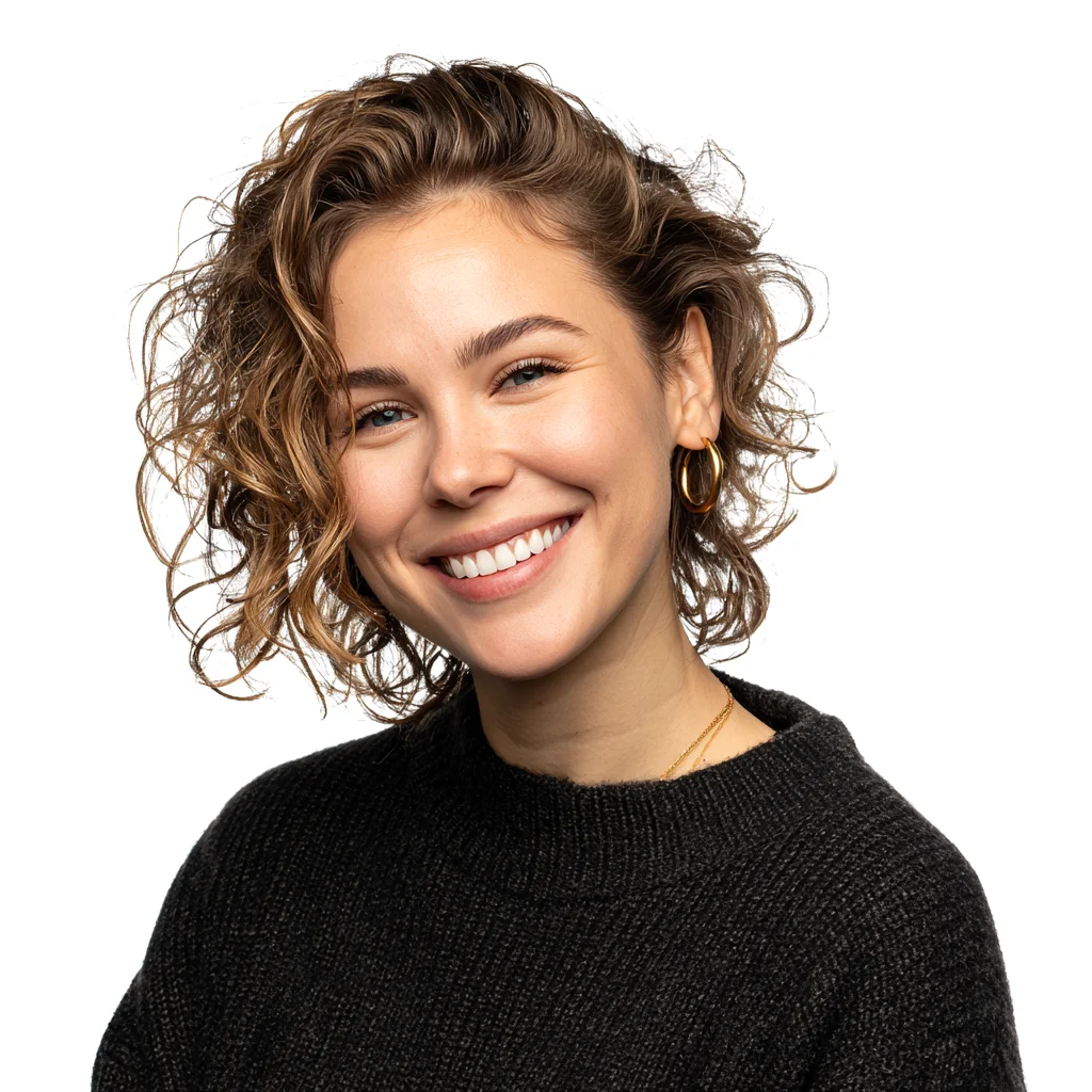 Curly Hair Black Sweater Gold Earrings