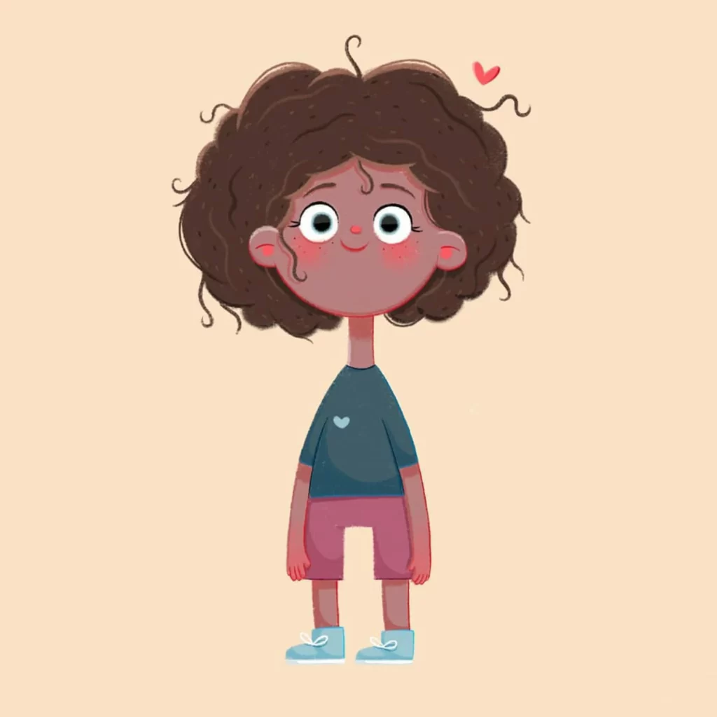 Curly Hair Heart Blue Shirt Pink Shorts Blue Shoes Eleonore Pelluau