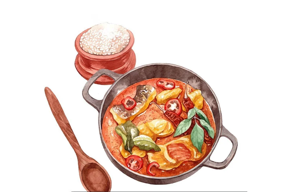 Curry Dish Rustic Red Yellow Spicy Traditional Food Illustration