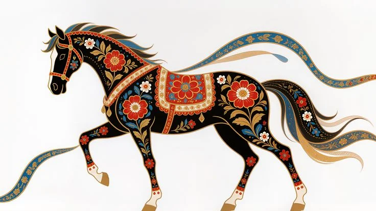 Decorative Horse Floral Patterns Red Blue Gold