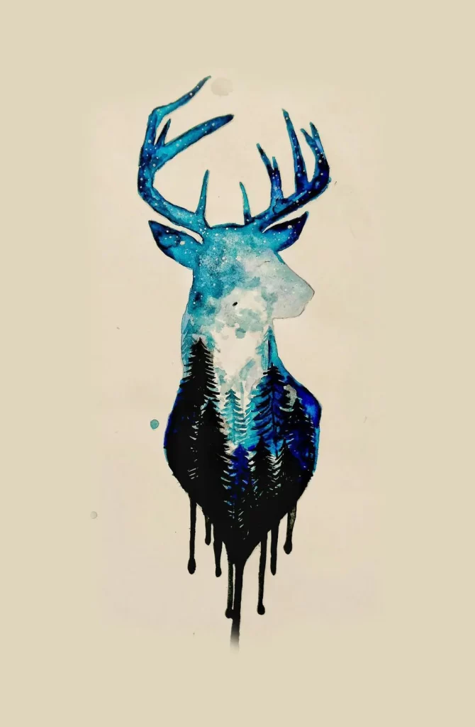 Deer Head Forest Blue Watercolor