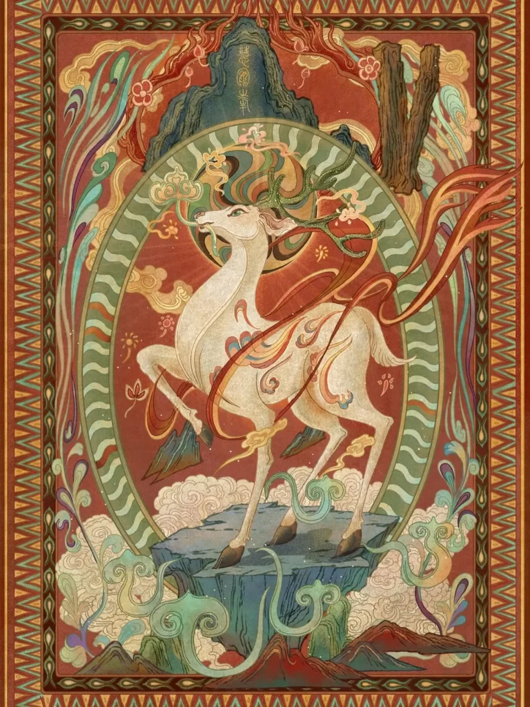 Deer Mythical Creatures Traditional Art Patterns Red Green