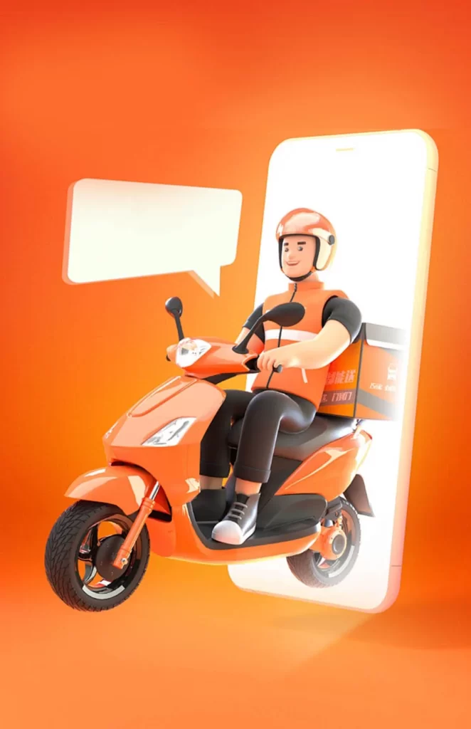 Delivery Rider Scooter Orange Helmet Smartphone
