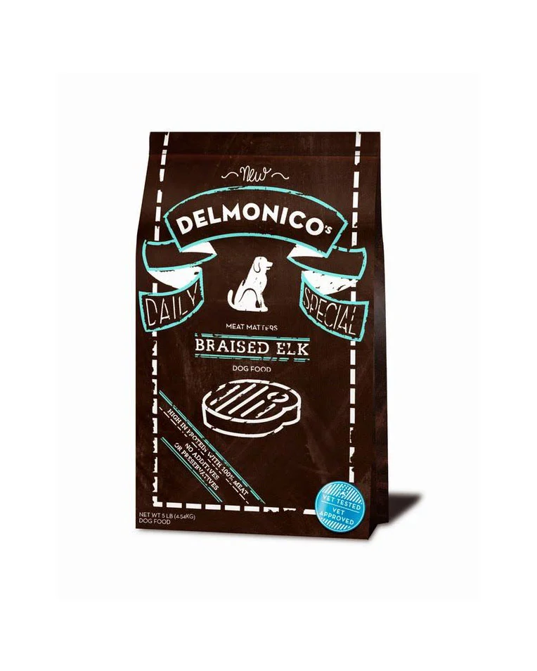 Delmonico Dog Food Braised Elk Brown Bag Illustration