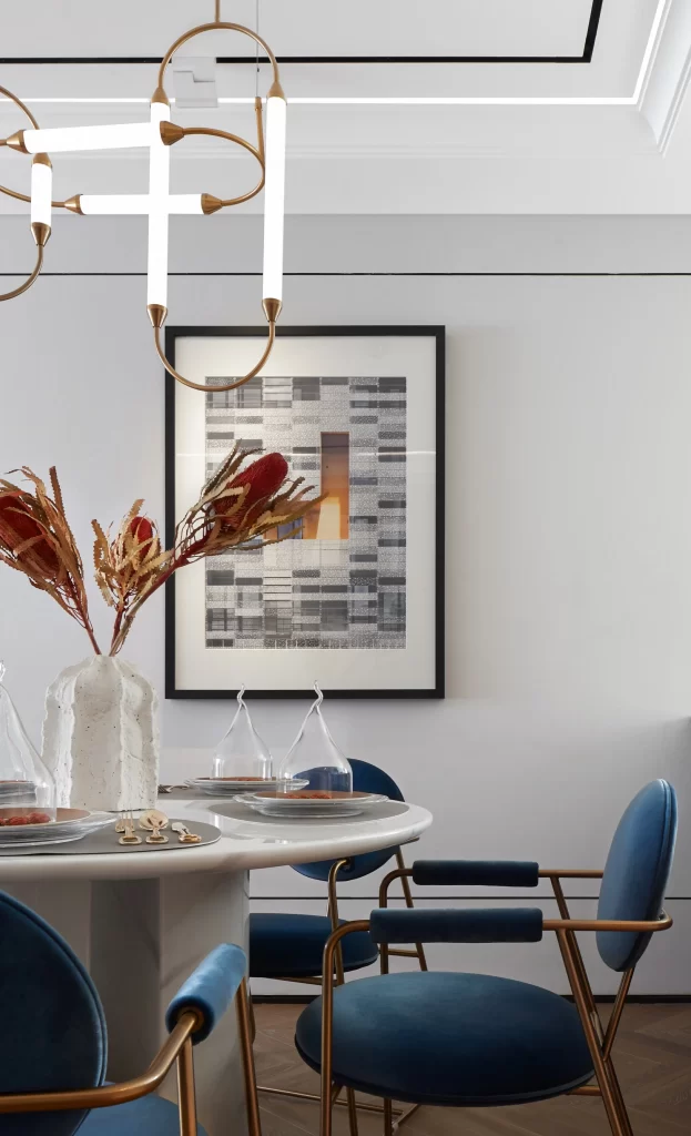 Dining Room Contemporary Blue Gold White Artistic