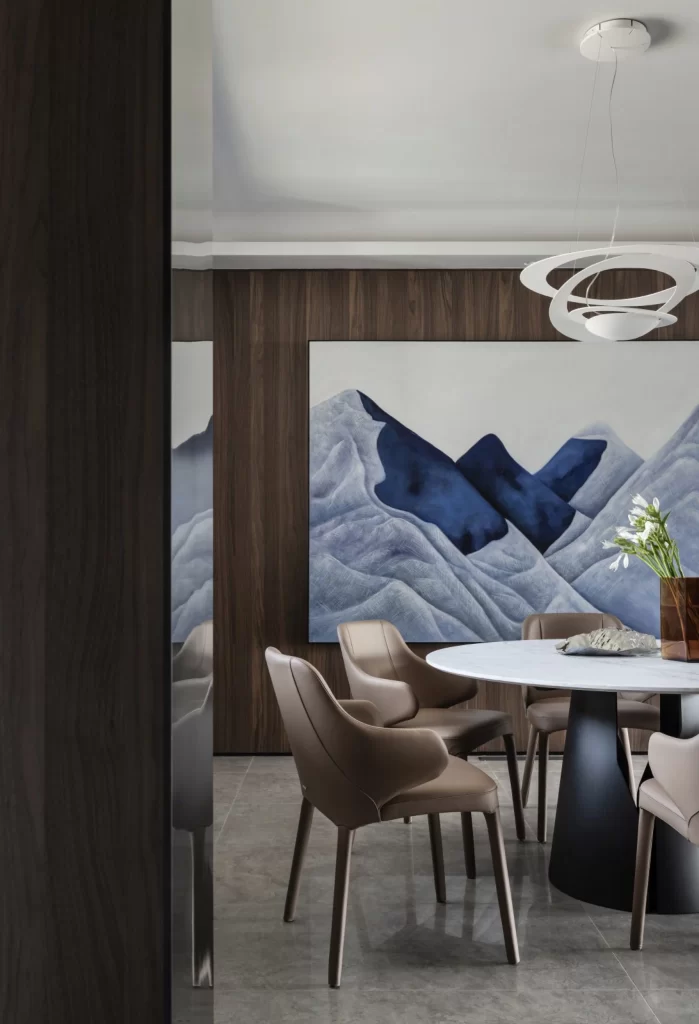 Dining Room Contemporary Blue Neutral Wood Artistic