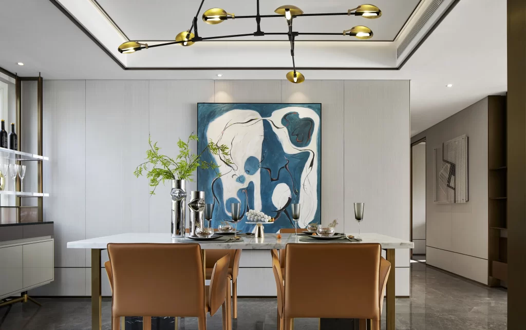 Dining Room Contemporary Blue White Gold Accents Artistic
