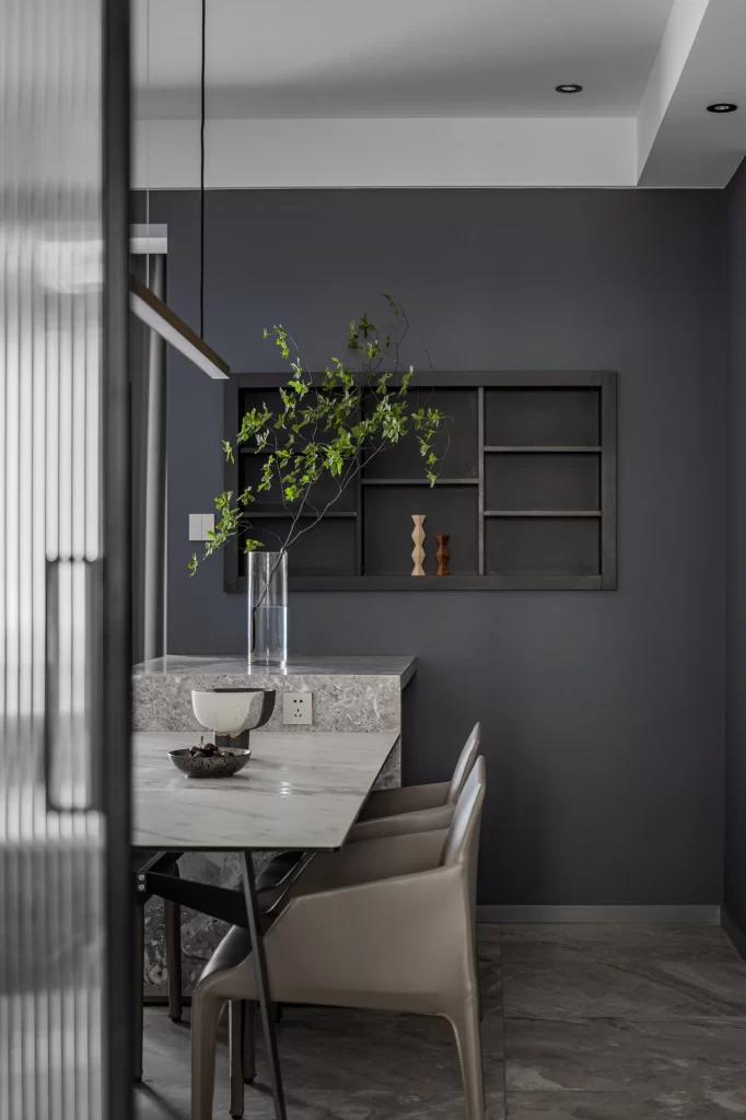 Dining Room Contemporary Dark Gray Neutral Marble Minimalist