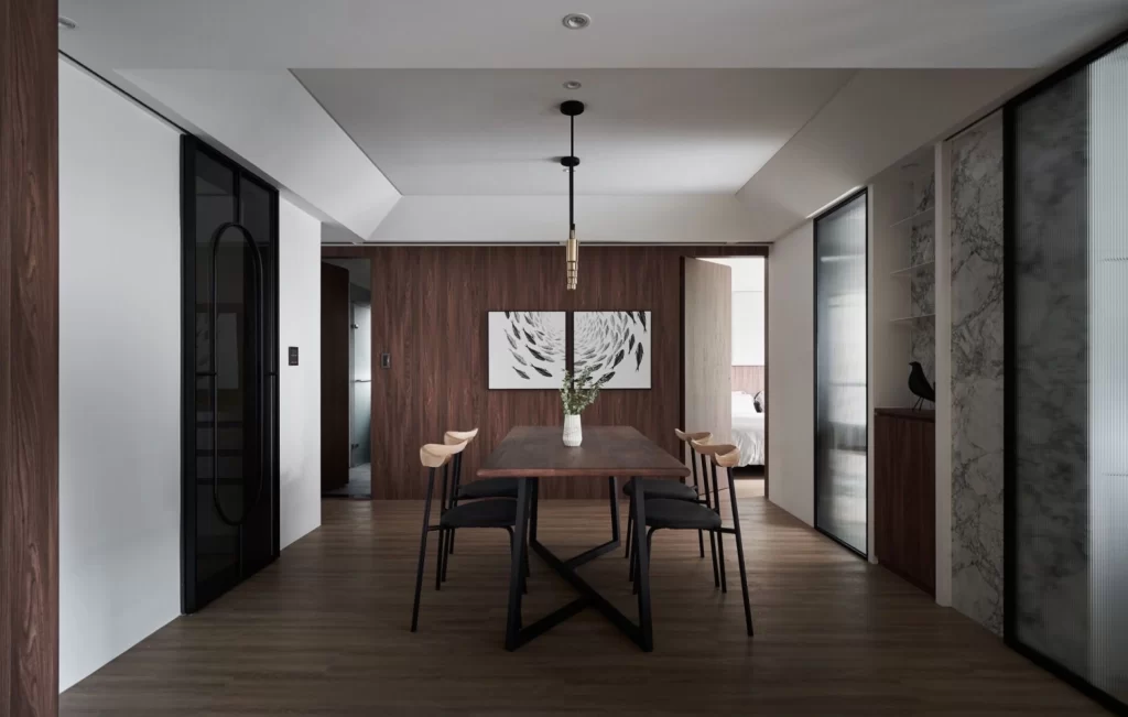 Dining Room Contemporary Dark Wood Neutral Black White