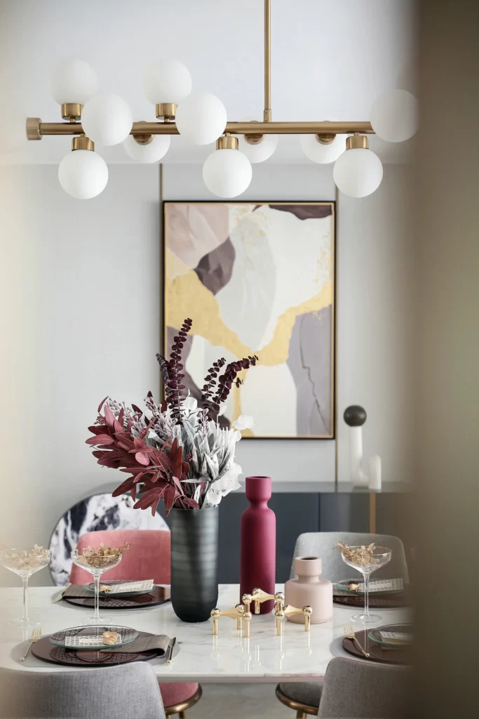 Dining Room Contemporary Elegant Neutral Gold Accents Artistic