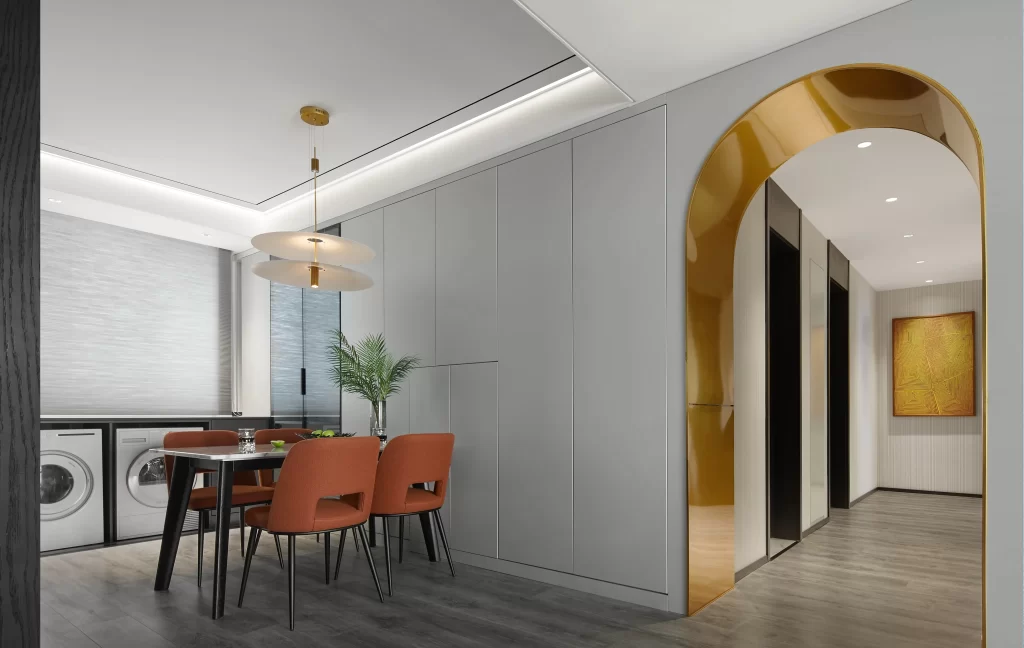 Dining Room Contemporary Gray Neutral Gold Accents