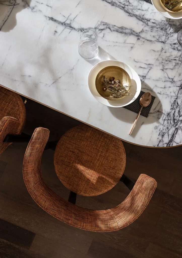 Dining Room Contemporary Marble Warm Tones Woven Chairs