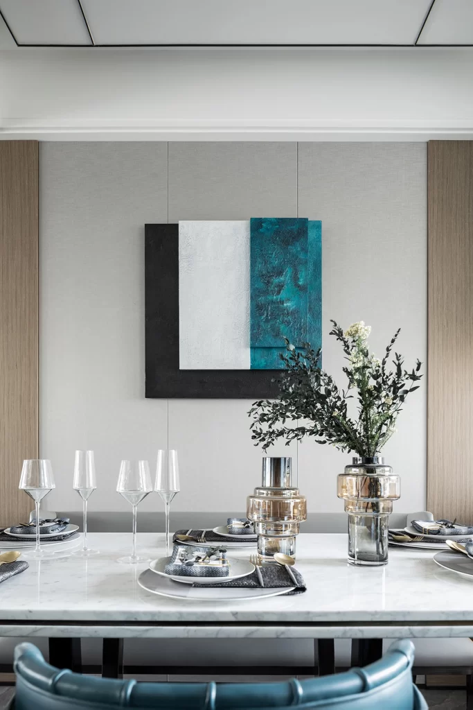 Dining Room Contemporary Minimalist Neutral Blue Black White