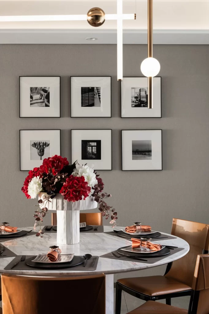 Dining Room Contemporary Neutral Black White Red Gold